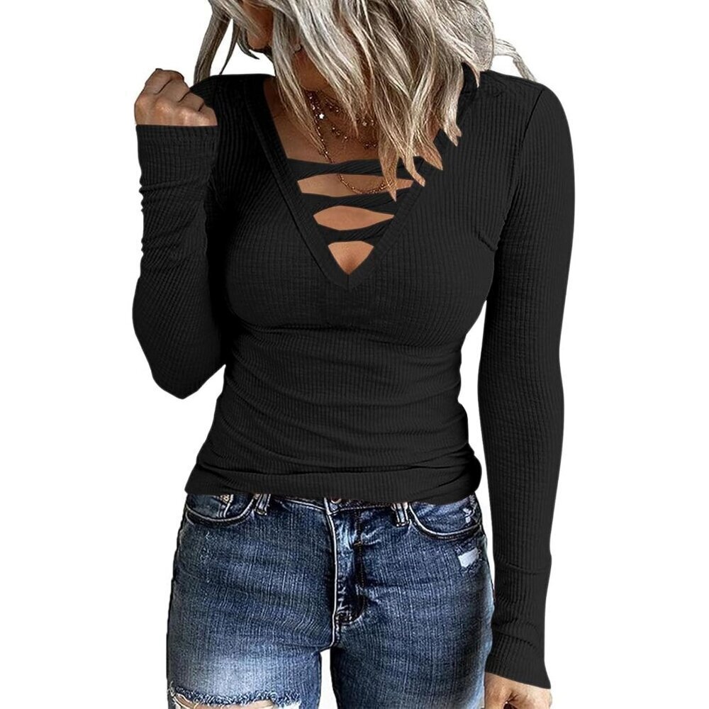 Women's V Neck Criss Cross Ribbed Knit Long Sleeve Tunic Top Plus Size